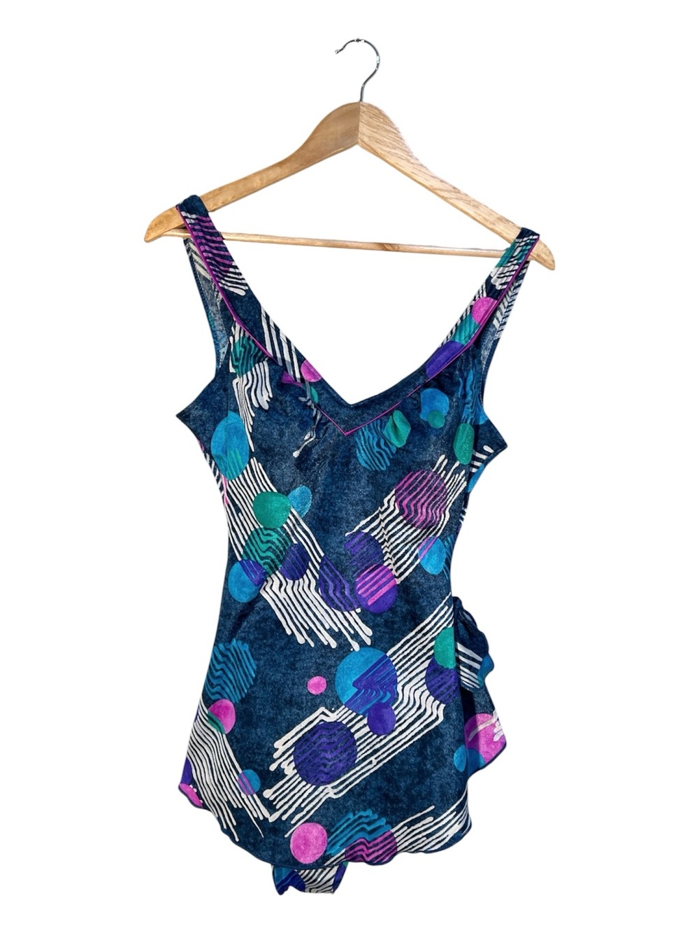Vintage 90s Sirena One Piece Swimsuit Abstract Print Front Skirt Sarong USA 16